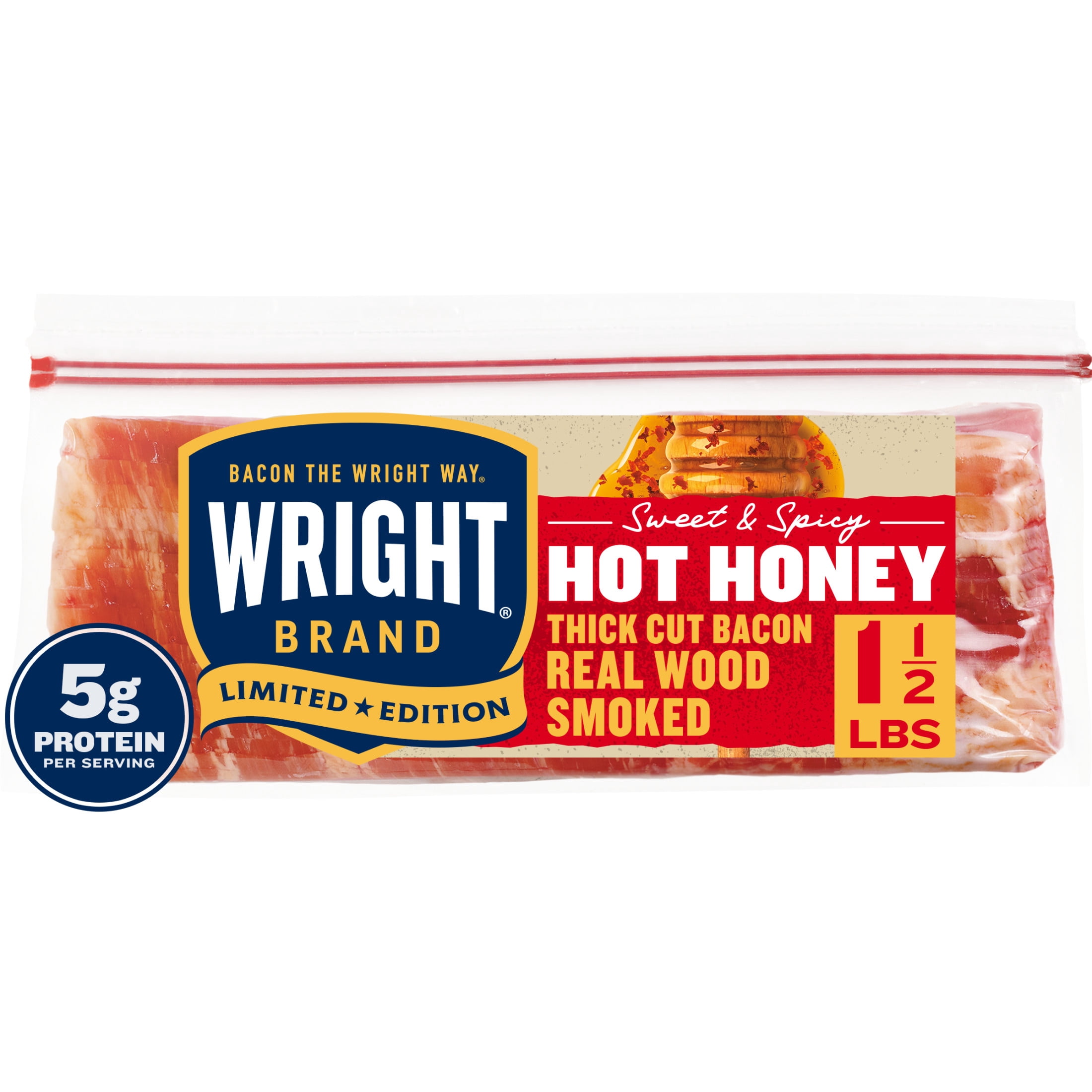 Wright Brand Limited Edition Hot Honey Flavored Real Wood Smoked Thick Cut Refrigerated Bacon, 1.5 lb