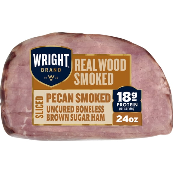Wright Brand Pecan Smoked Uncured Boneless Brown Sugar Ham, Fully Cooked, Sliced, 24 oz