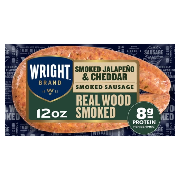 Wright Brand Real Wood Smoked Jalapeno & Cheddar Smoked Sausage Rope, Fully Cooked, 12 oz, Refrigerated