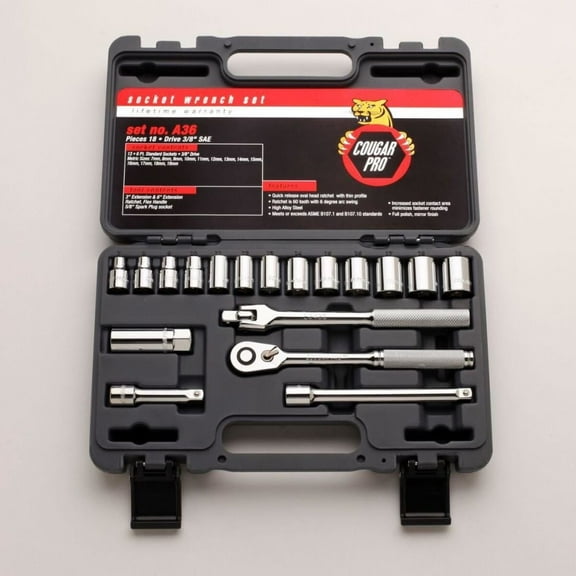 Wright Tool Cougar A36 7 to 19 Millimeter Drive Metric Socket Set,18-pc