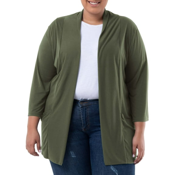 Wright's Women's Plus Size 3/4" Sleeve Draped Open Front Jersey Pocket Cardigan, 1X-5X
