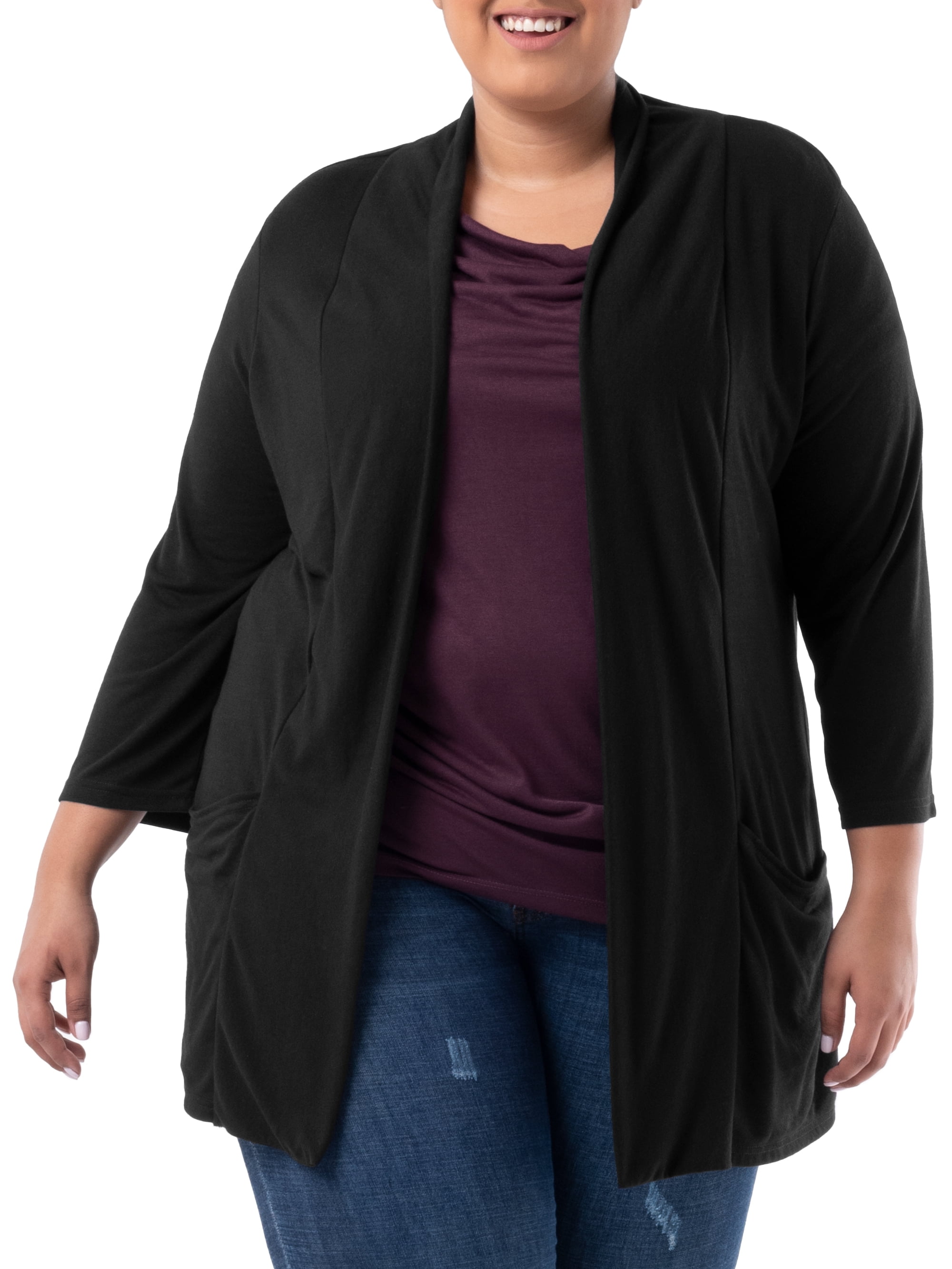 Wright's Women's Plus Size 3/4" Sleeve Draped Open Front Jersey Pocket Cardigan, 1X-4X