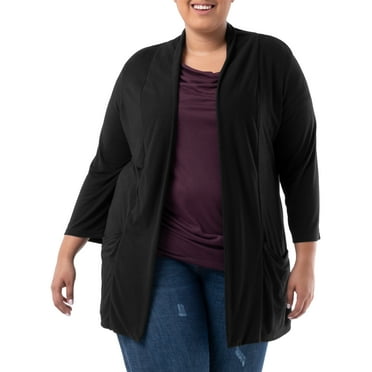 Wright's Women's Plus Size 3/4" Sleeve Draped Open Front Jersey Pocket Cardigan, 1X-5X