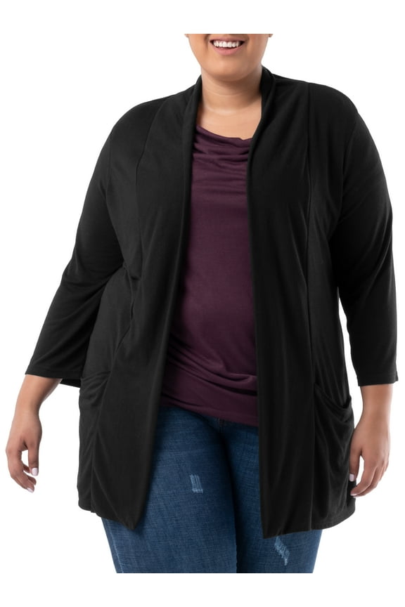 Women's Plus Size 3/4" Sleeve Draped Open Front Jersey Pocket Cardigan, 1X-5X