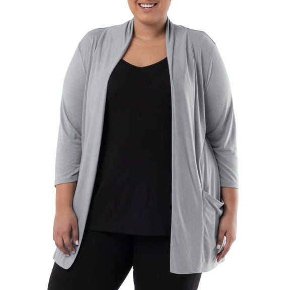 Wright's Women's Plus Size 3/4" Sleeve Draped Open Front Jersey Pocket Cardigan, 1X-5X