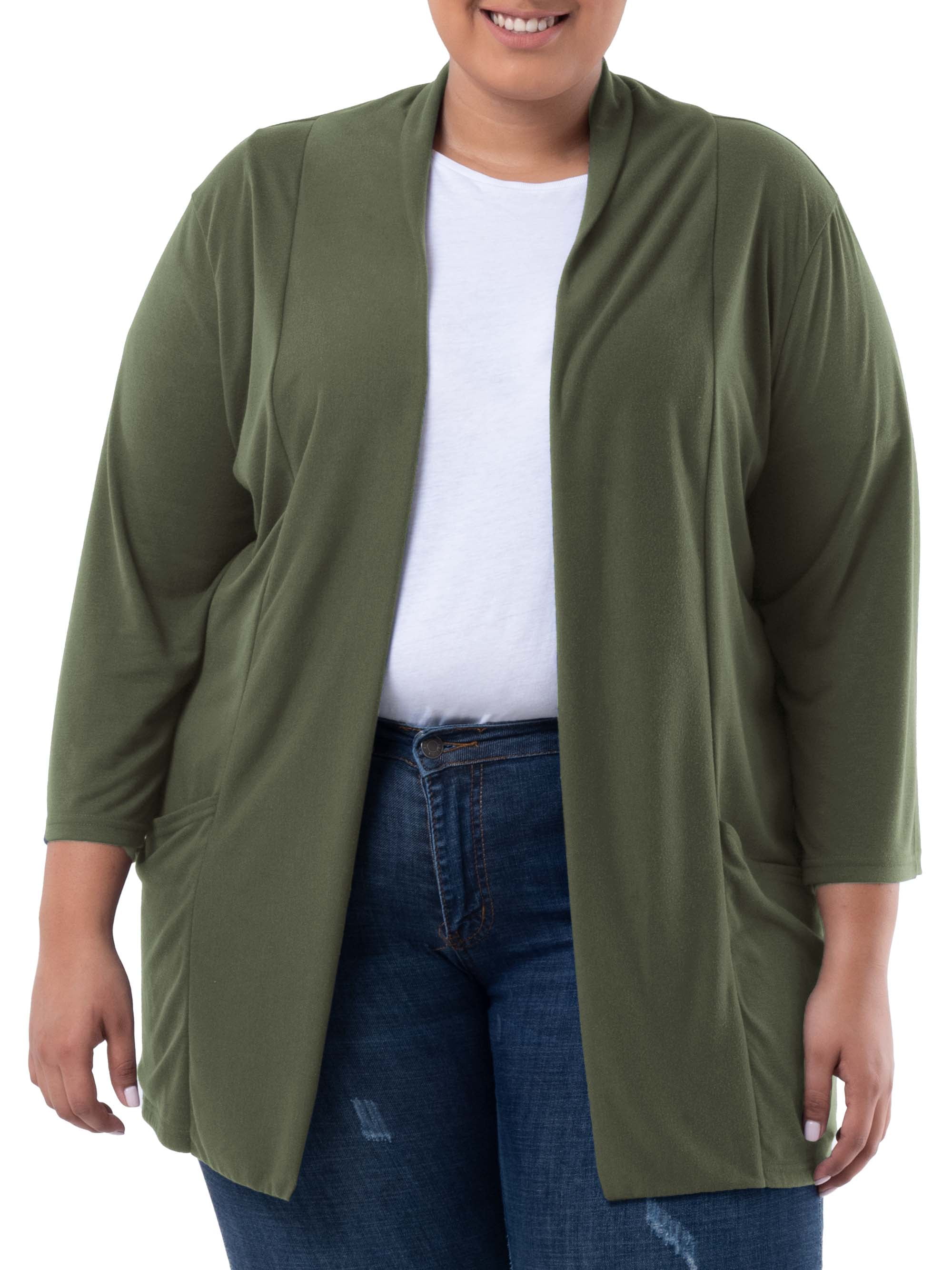 Wright's Women's Plus Size 3/4" Sleeve Draped Open Front Jersey Pocket Cardigan, 1X-5X