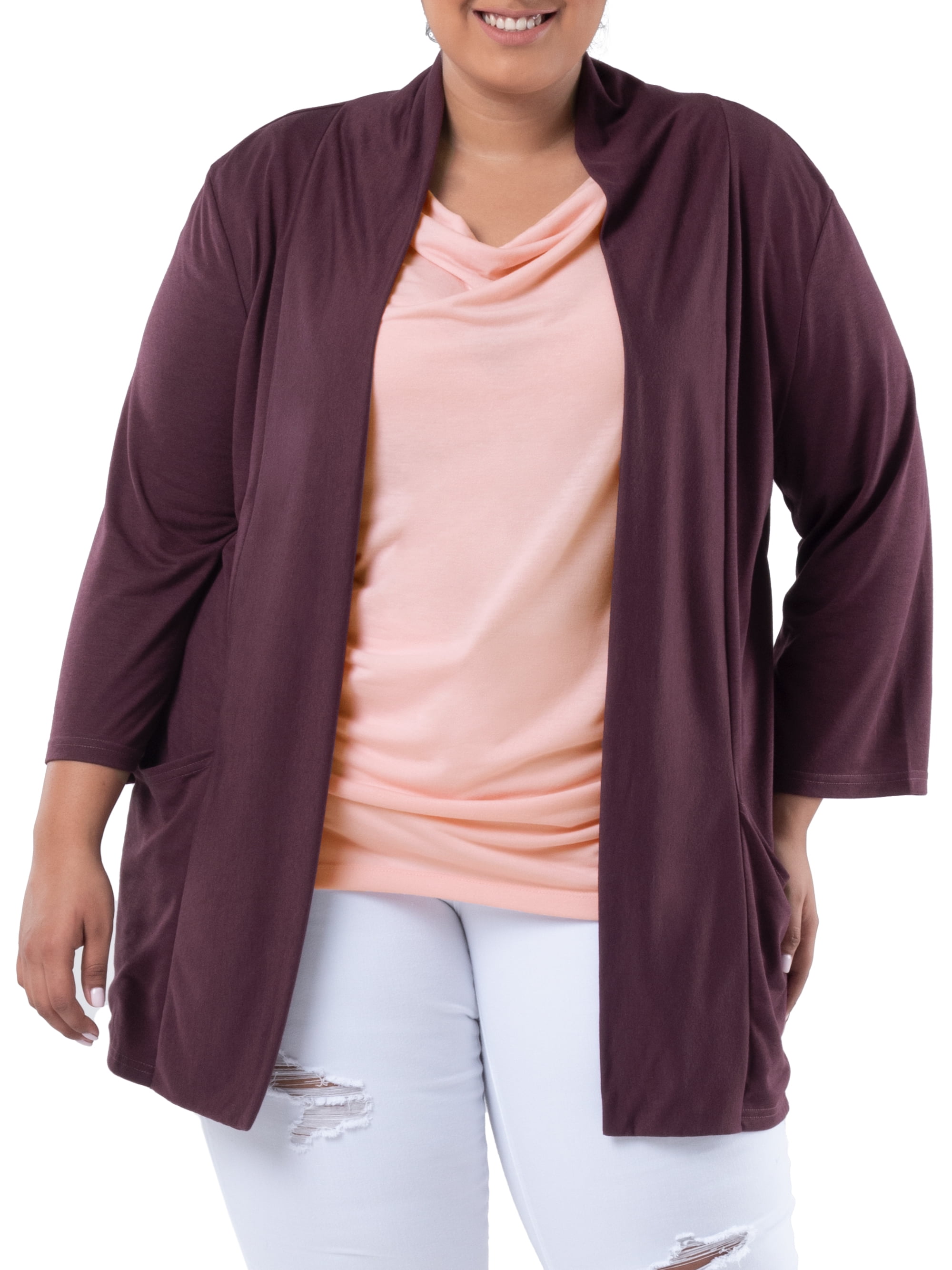 Wright's Women's Plus Size 3/4" Sleeve Draped Open Front Jersey Pocket Cardigan, 1X-5X