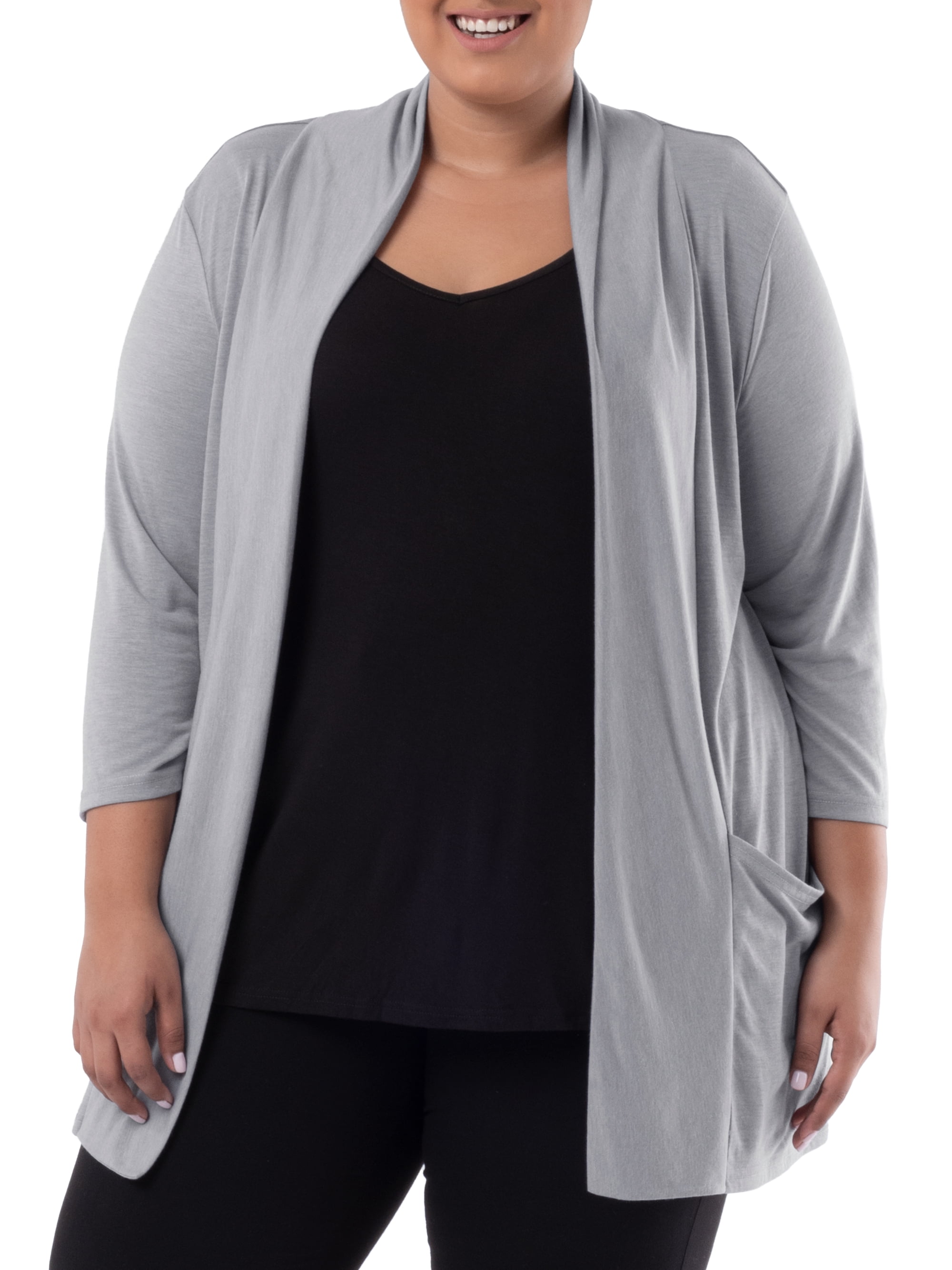 Wright's Women's Plus Size 3/4" Sleeve Draped Open Front Jersey Pocket Cardigan, 1X-5X