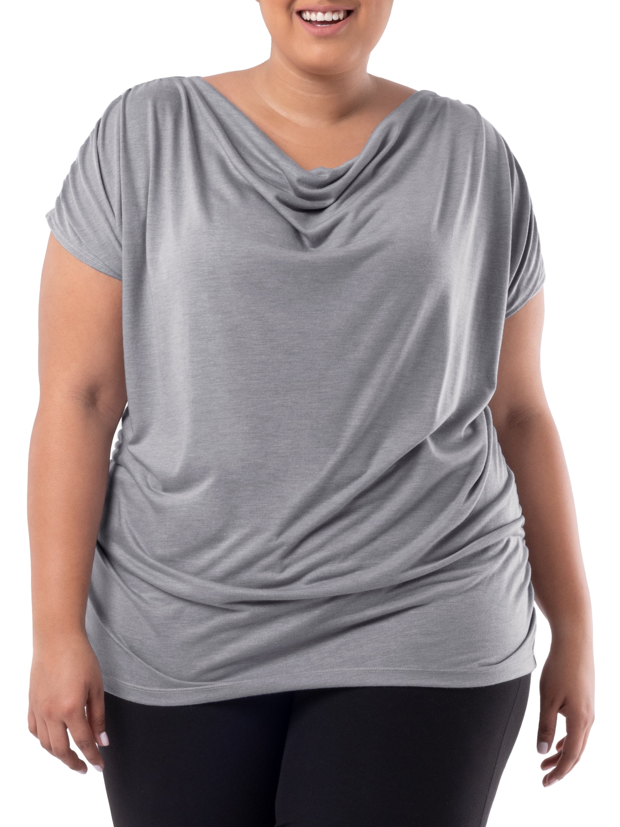 Wright's Women's Plus Size Draped Front Cowl Neck Short Sleeve Blouse Top, Size 1X-5X