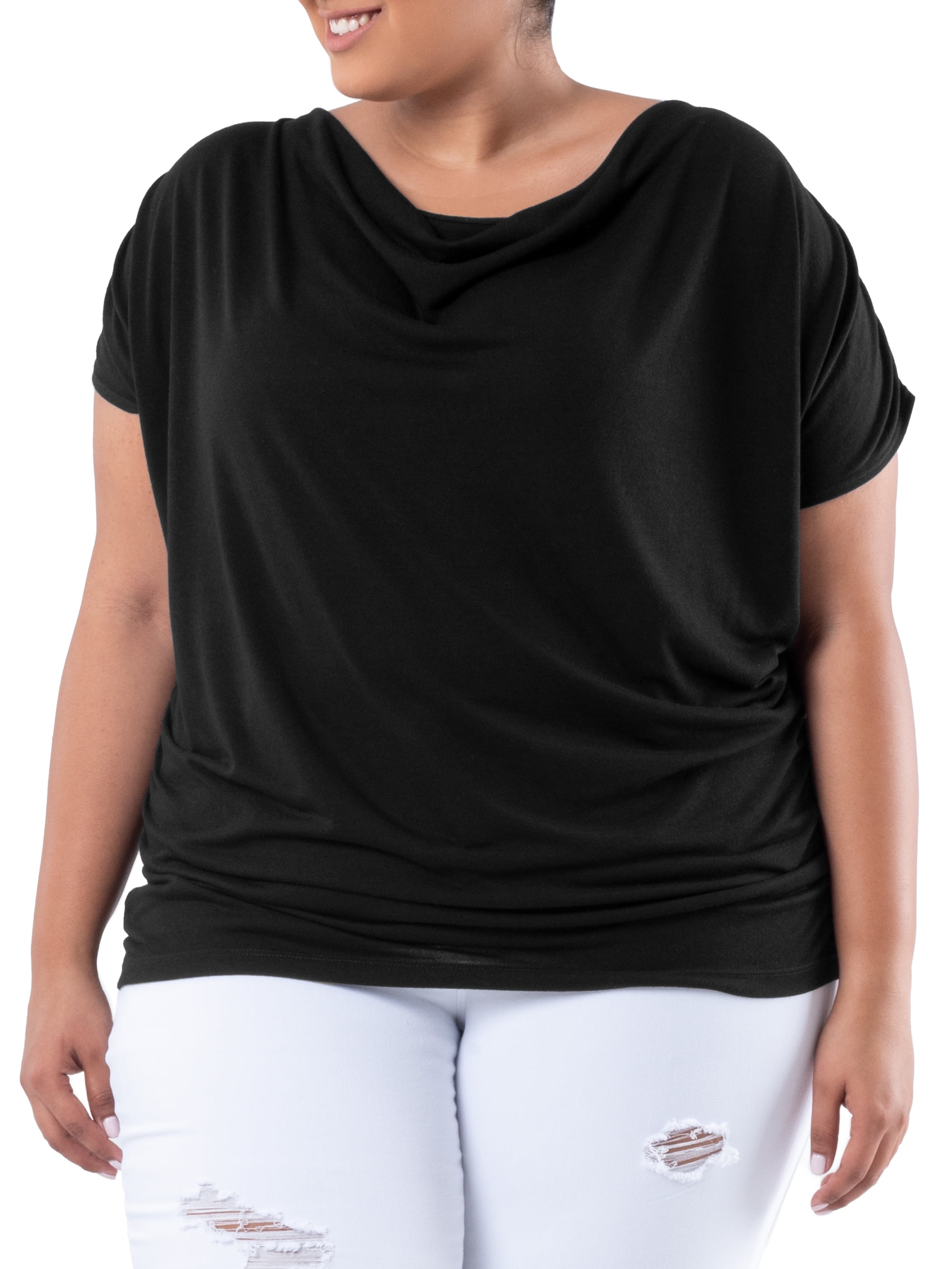 Wright's Women's Plus Size Draped Front Cowl Neck Short Sleeve Blouse Top, Size 1X-5X