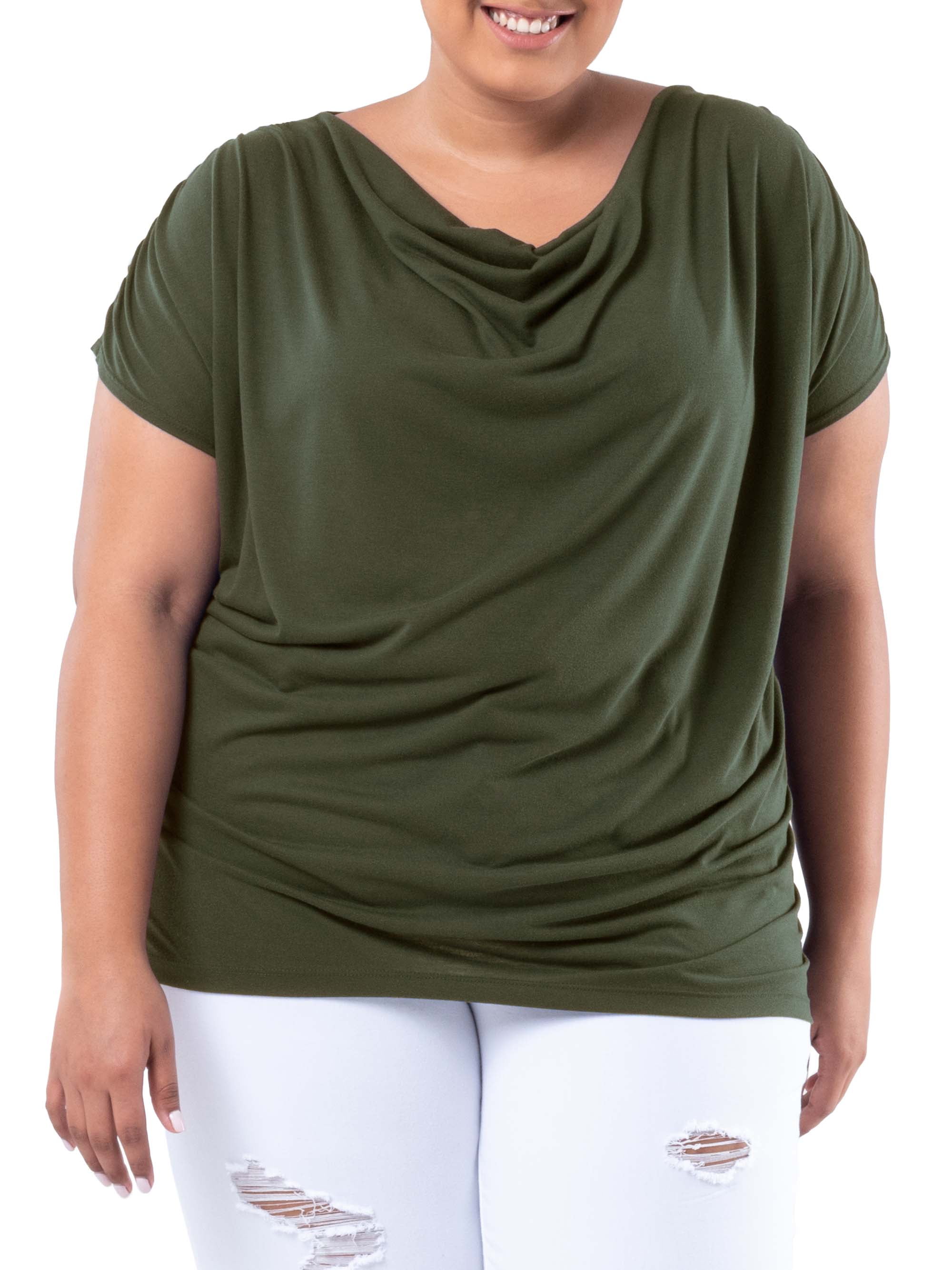 Wright's Women's Plus Size Draped Front Cowl Neck Short Sleeve Blouse Top, Size 1X-5X