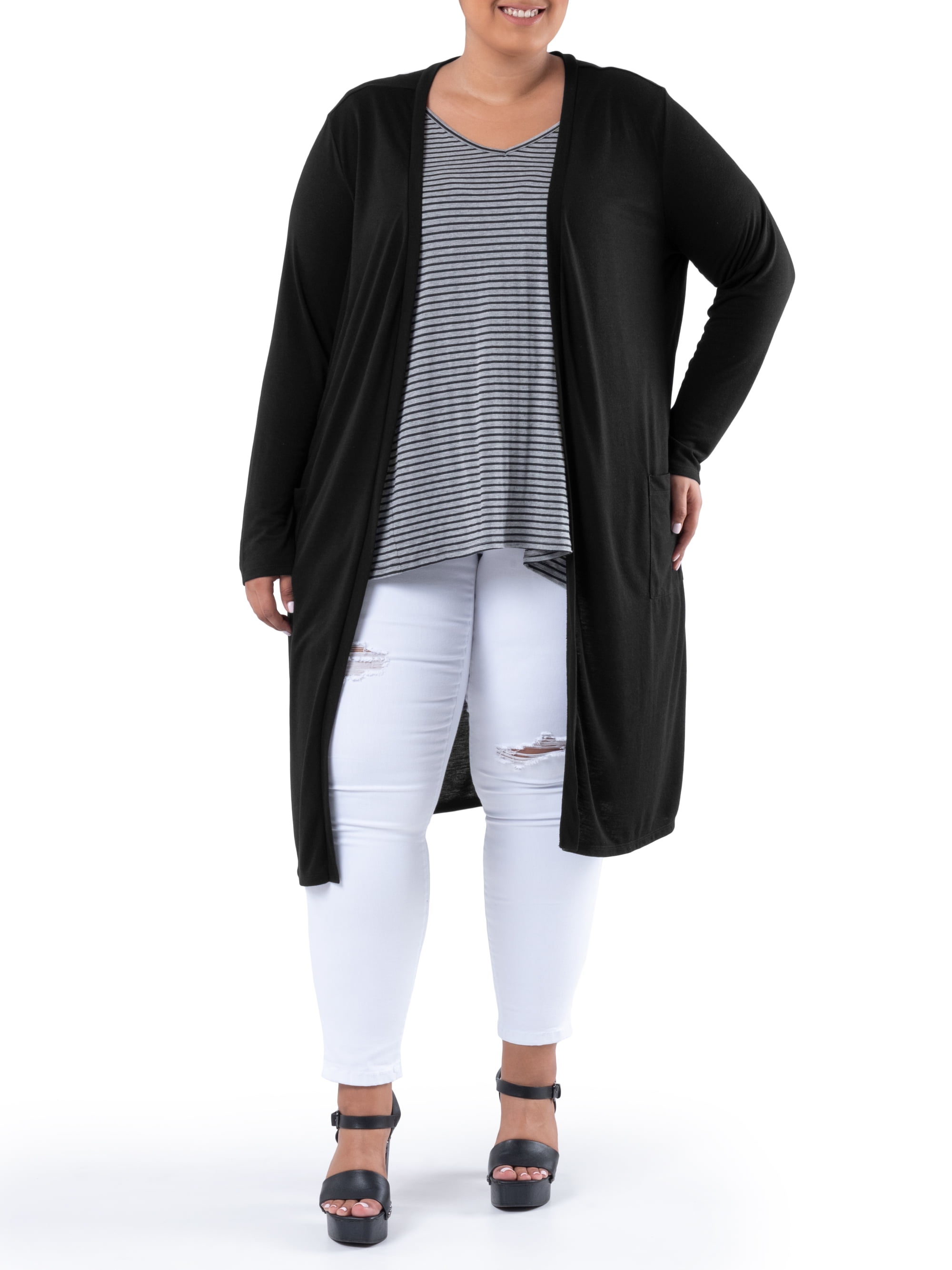 Wright's Women's Plus Size Long Sleeve Open Front Pocket Jersey Duster Cardigan, 1X-5X