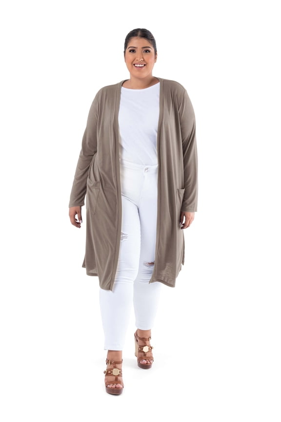 Women's Plus Size Long Sleeve Open Front Pocket Jersey Duster Cardigan, 1X-5X