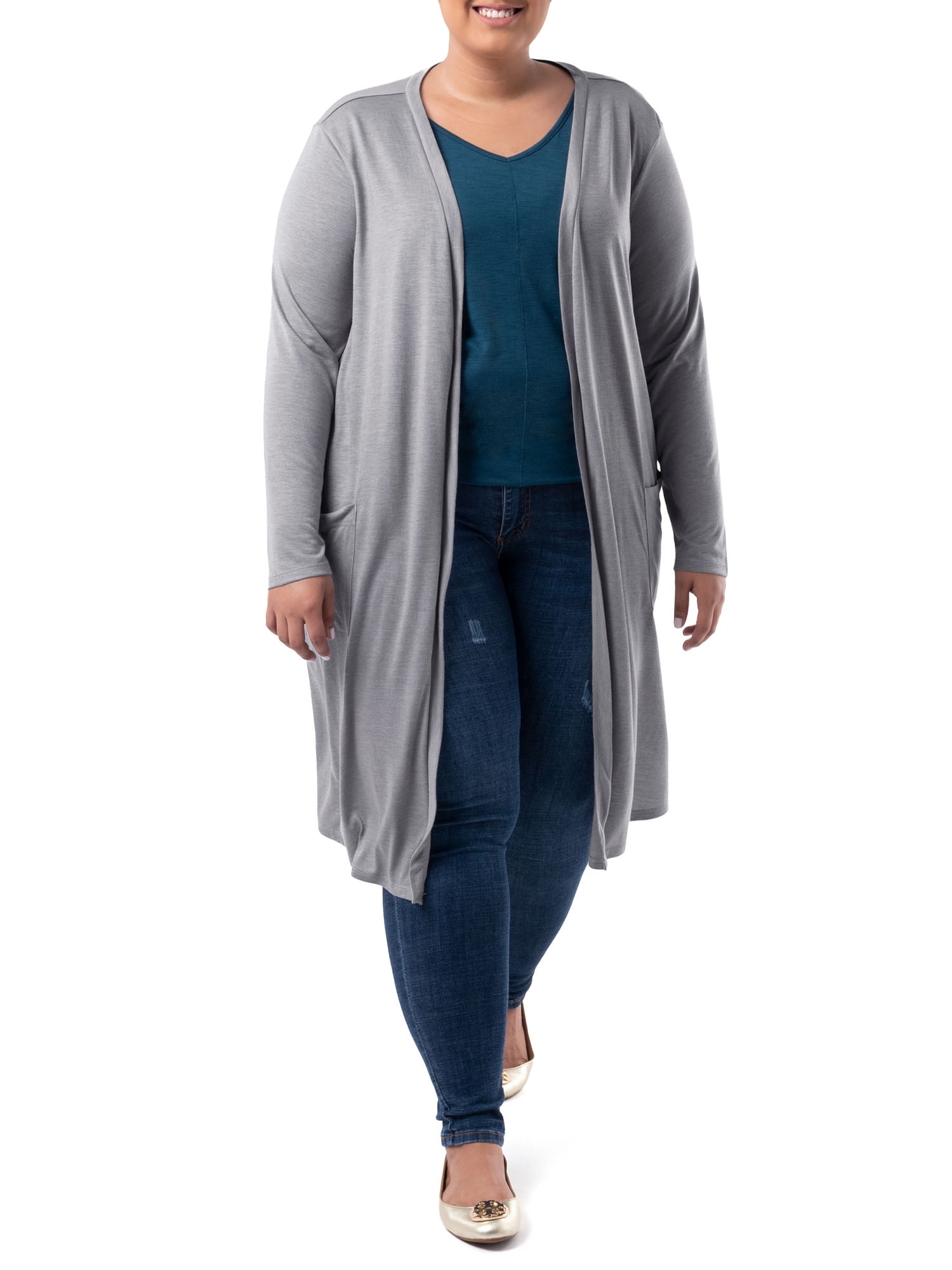 Wright's Women's Plus Size Long Sleeve Open Front Pocket Jersey Duster Cardigan, 1X-5X