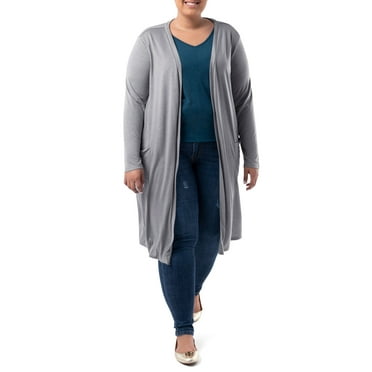 Wright's Women's Plus Size Long Sleeve Open Front Pocket Jersey Duster Cardigan, 1X-5X