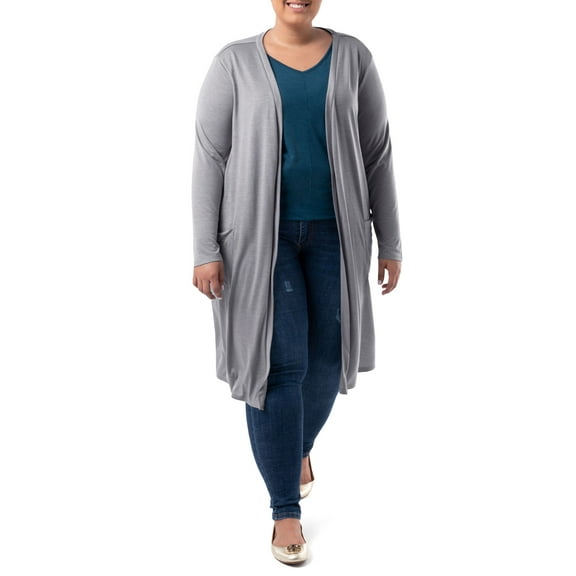 Wright's Women's Plus Size Long Sleeve Open Front Pocket Jersey Duster Cardigan, 1X-5X