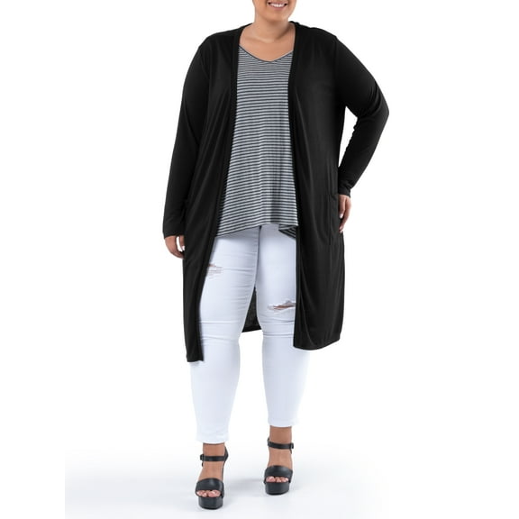 Wright's Women's Plus Size Long Sleeve Open Front Pocket Jersey Duster Cardigan, 1X-5X