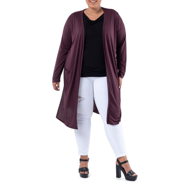 Wright's Women's Plus Size Long Sleeve Open Front Pocket Jersey Duster Cardigan, 1X-5X
