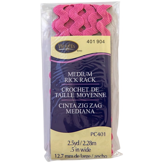 Wrights 1/2" Hot Pink Medium Rick Rack, 2.5 yd Sewing Trim