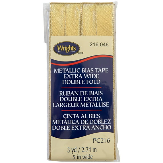 Wrights Bias Tape, Gold, 1/2" Lame Double Fold Bias Tape Binding For Sewing And Crafts, 3 Yards, 1 Each