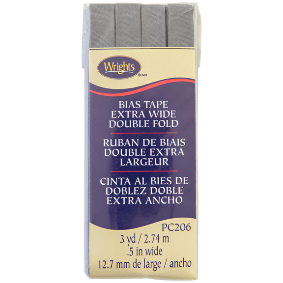 Wrights Gray 1/2" Bias Tape Extra Wide Double Fold 3 yd Polyester Blend Sewing Trim