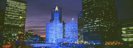 Wrigley Building Blue Lights Chicago Illinois USA Canvas Art - Panoramic Images (36 x 13)