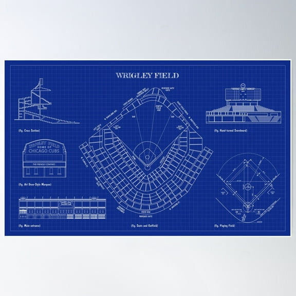 Wrigley Field (Blueprint) Poster Wall Art, Modern Wall Decor, 8x12 UNFRAMED