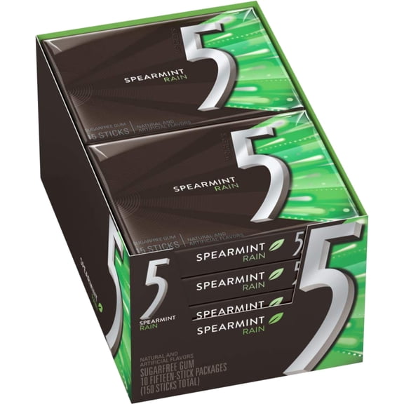 Wrigleys 5 Gum Spearmint Rain Sugar-Free Chewing Gum, 10 Packs, 15 Sticks Each (150 Total)