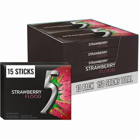 Wrigleys 5 Gum Strawberry Flood Sugar-Free Chewing Gum, 10 Packs, 15 Sticks Each (150 Total)