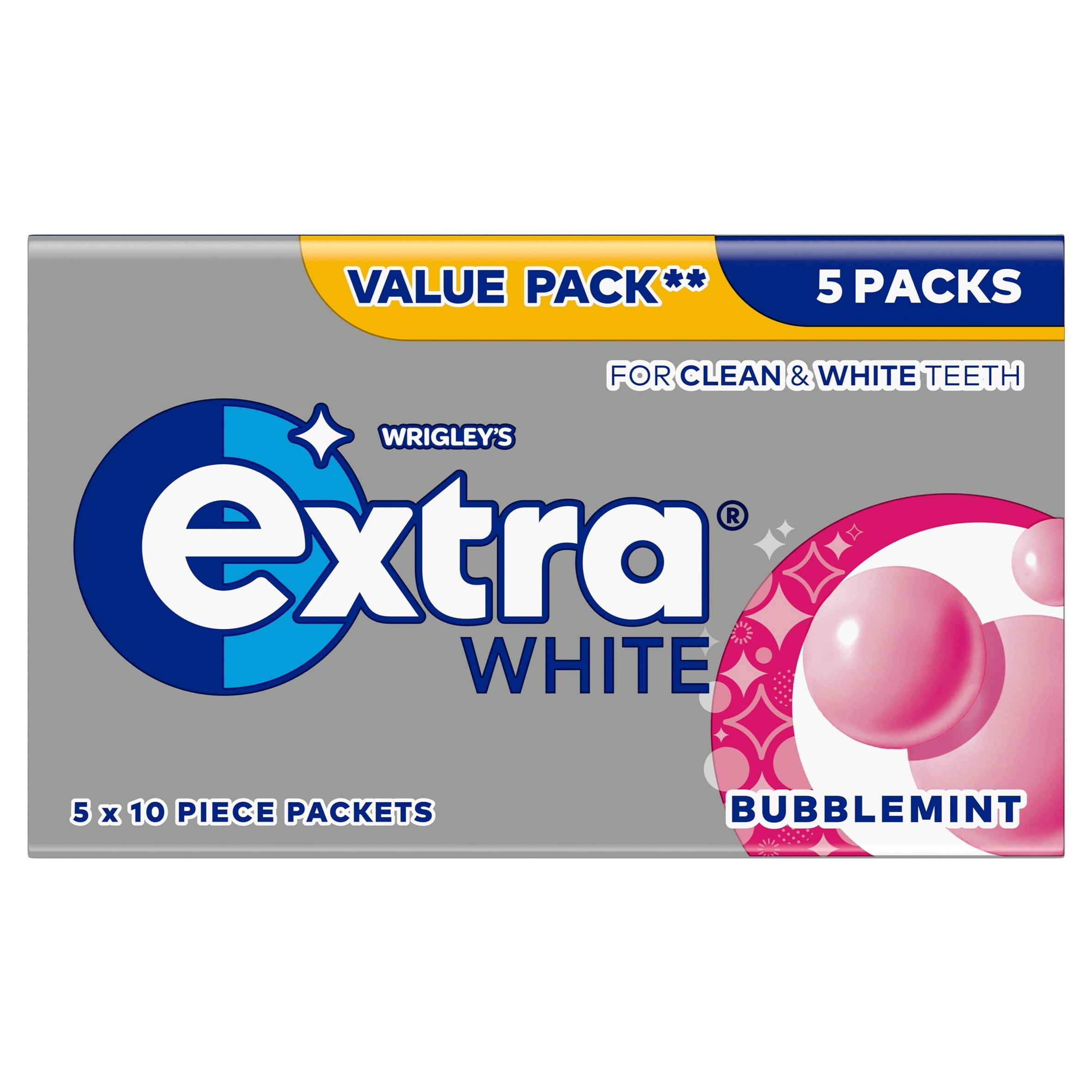 Wrigley's Extra White Bubblemint Sugarfree Chewing Gum 5 x 10 Pieces 70g, Imported from Britain