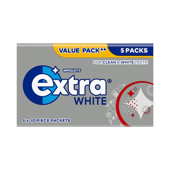 Wrigley's Extra White Sugarfree Chewing Gum 5 x 10 Pieces 70g, Imported from Britain