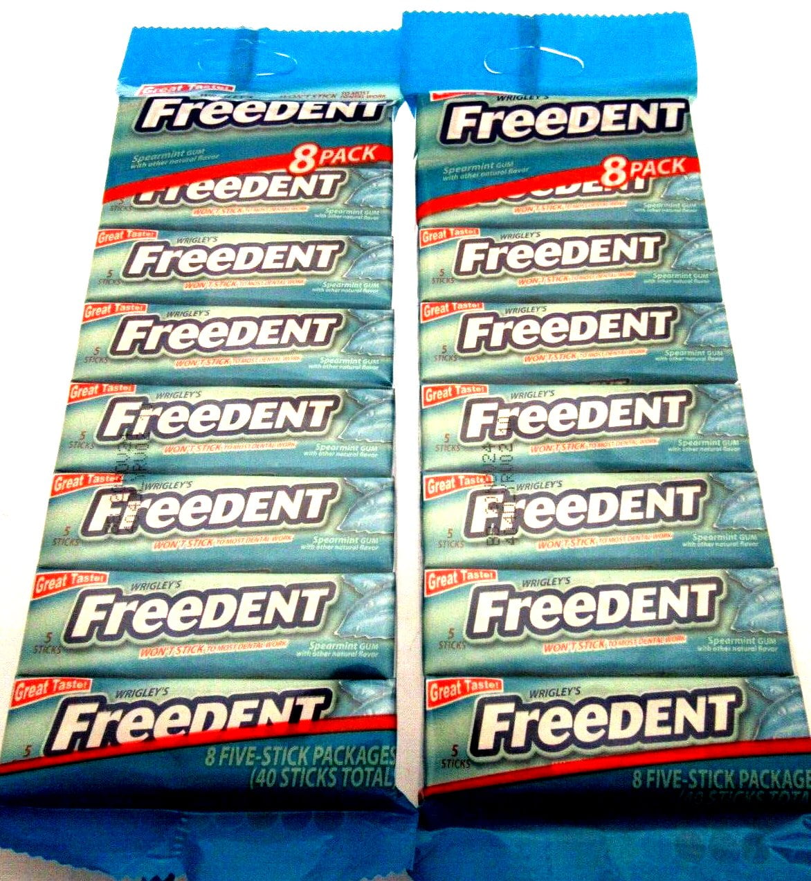Wrigley's Freedent Gum 8 pack Spearmint 40 Sticks Candy  Lot of 2 Minty