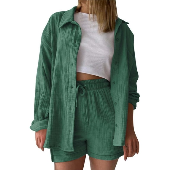 Wrinkle Fabric 2-Piece Set - Long Sleeve Shirt & High Waist Shorts, Green Women's Solid Color Wrinkle Cloth Lapel Long Sleeve Slit Shirt High Waist Shorts Large Size Fashion Casual Suit