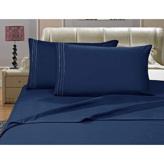 Elegant Comfort 4-Piece Microfiber Bed Sheet Set, Soft & Breathable, Wrinkle & Fade Resistant, Deep Pocket, King, Navy Blue