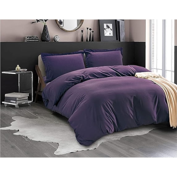 1500 Collection 3pc Duvet Cover Set with Pillow Shams Full/Queen, Eggplant-Purple