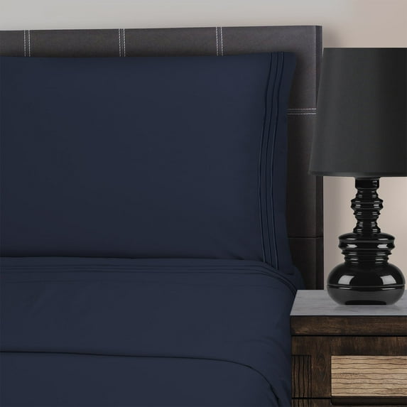 Wrinkle-Free 3-Line Embroidery Sheet Set Navy Blue / Cal King