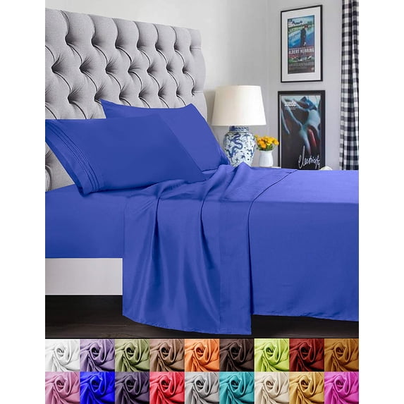 Wrinkle Free 4 Piece Bed Sheet Set Microfiber Deep Pocket up to 16 inch, Queen, Royal Blue