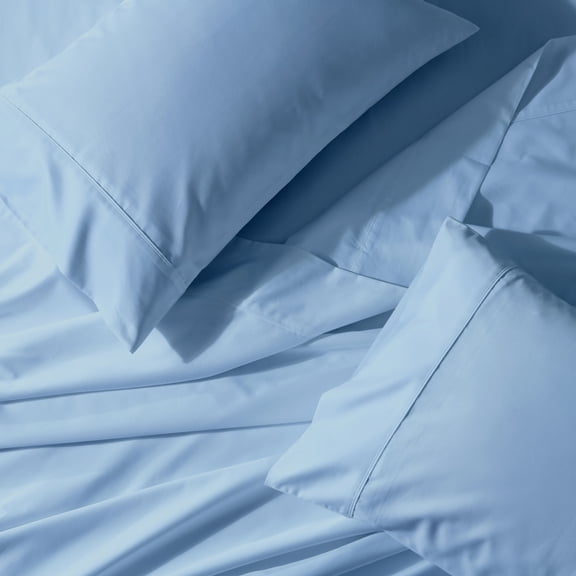Wrinkle-Free 650 Thread Count Solid Cotton Blend Sheets Easy Care Sheet Set With Deep Pockets - Split King - Blue