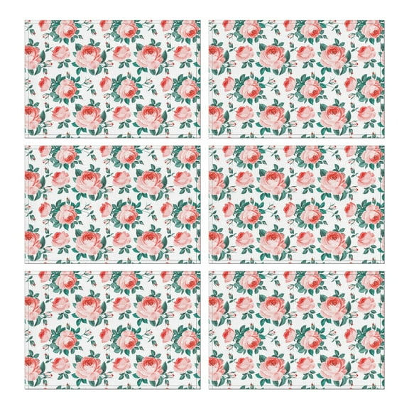 Wrinkle Free Botanical Bloom Table Mats with Butterfly and Bee Print, Heat Resistant Flax Material for Country Farmhouse Dining, Set of 6