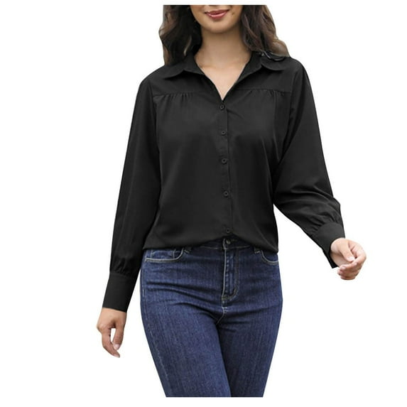 Wrinkle Free Button Down Work Shirts for Women Charm Slim-Fit Long Sleeve Lapel Formal Solid Dress Shirt Blouses Tops
