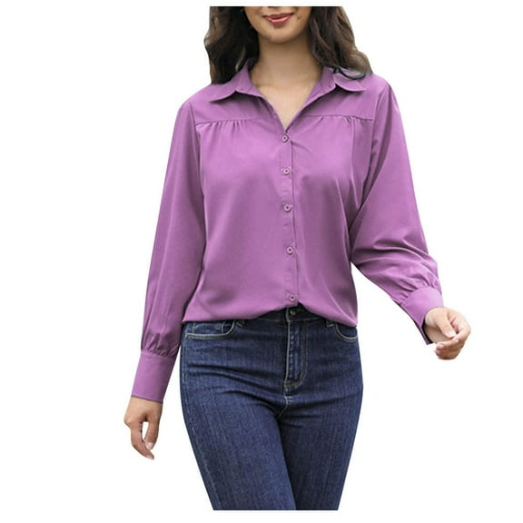 Wrinkle Free Button Down Work Shirts for Women Charm Slim-Fit Long Sleeve Lapel Formal Solid Dress Shirt Blouses Tops