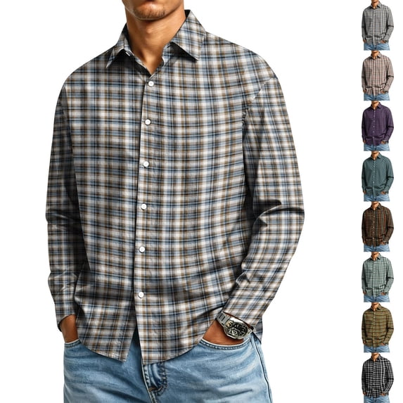 Wrinkle Free Lightweight Plaid Long Sleeve Button Front Shirt for Men Regular Fit 4 Way Stretch Lapel Collar Easy Outfit Pairing Business Work Fall Shirts M