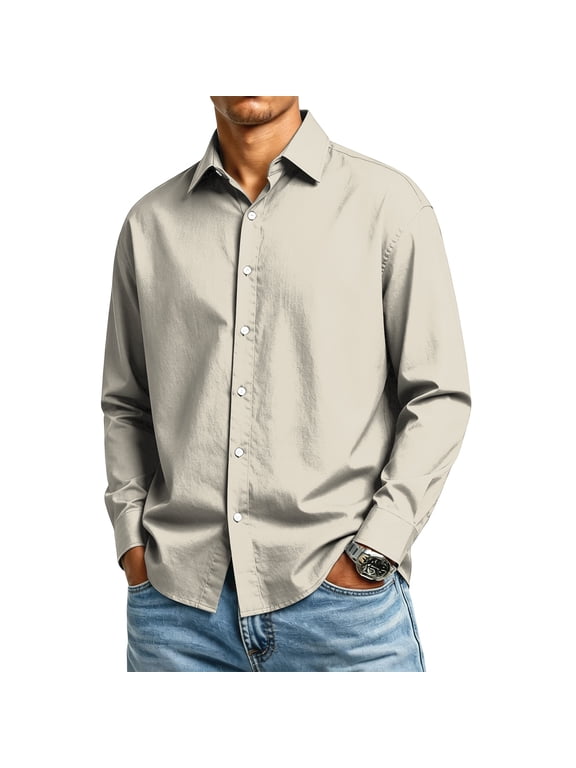 Wrinkle Free Mens Dress Shirts Long Sleeve Solid Basic Button Down Shirt Classic Collared Casual Work Shirt Beige L