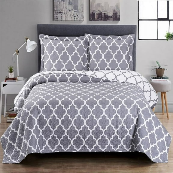 Wrinkle-Free Meridian Oversized Coverlet Set, Reversible Geometric Pattern : Full/Queen - Gray/White