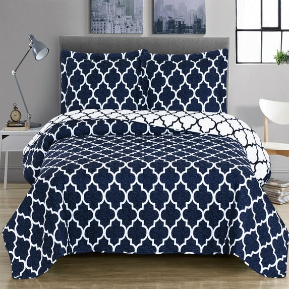Wrinkle-Free Meridian Oversized Coverlet Set, Reversible Geometric Pattern : Twin/Twin XL - Navy/White