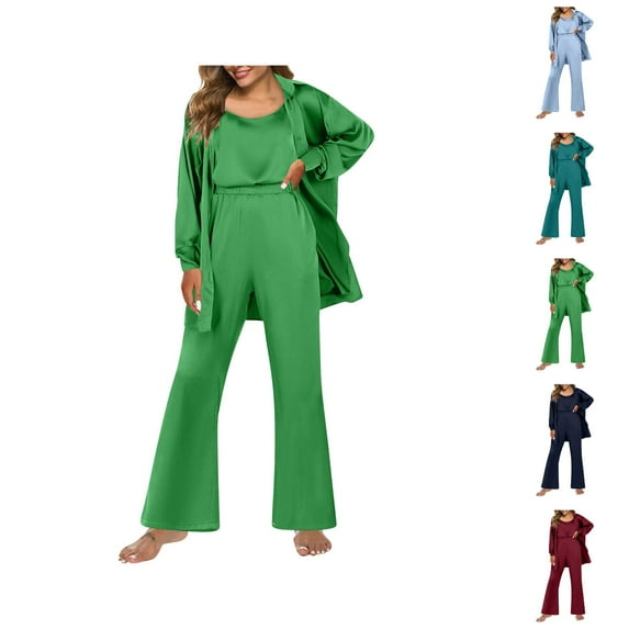 Free Travel Sets â Pajamas for Women Set & Lounge Sets Women's Pajama Set Three Piece Short Sleeved Pajama Button Pajama Casual Set With Long Pants