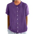 thumbnail image 1 of Wrinkle-Resistant Linen-Blend Button-Down Office Essential with Hidden Placket, Spring Weekend Brunch & Farmers Market Outfits, Purple Cotton Linen Shirts for Women Short Sleeve Button down Top, 1 of 6