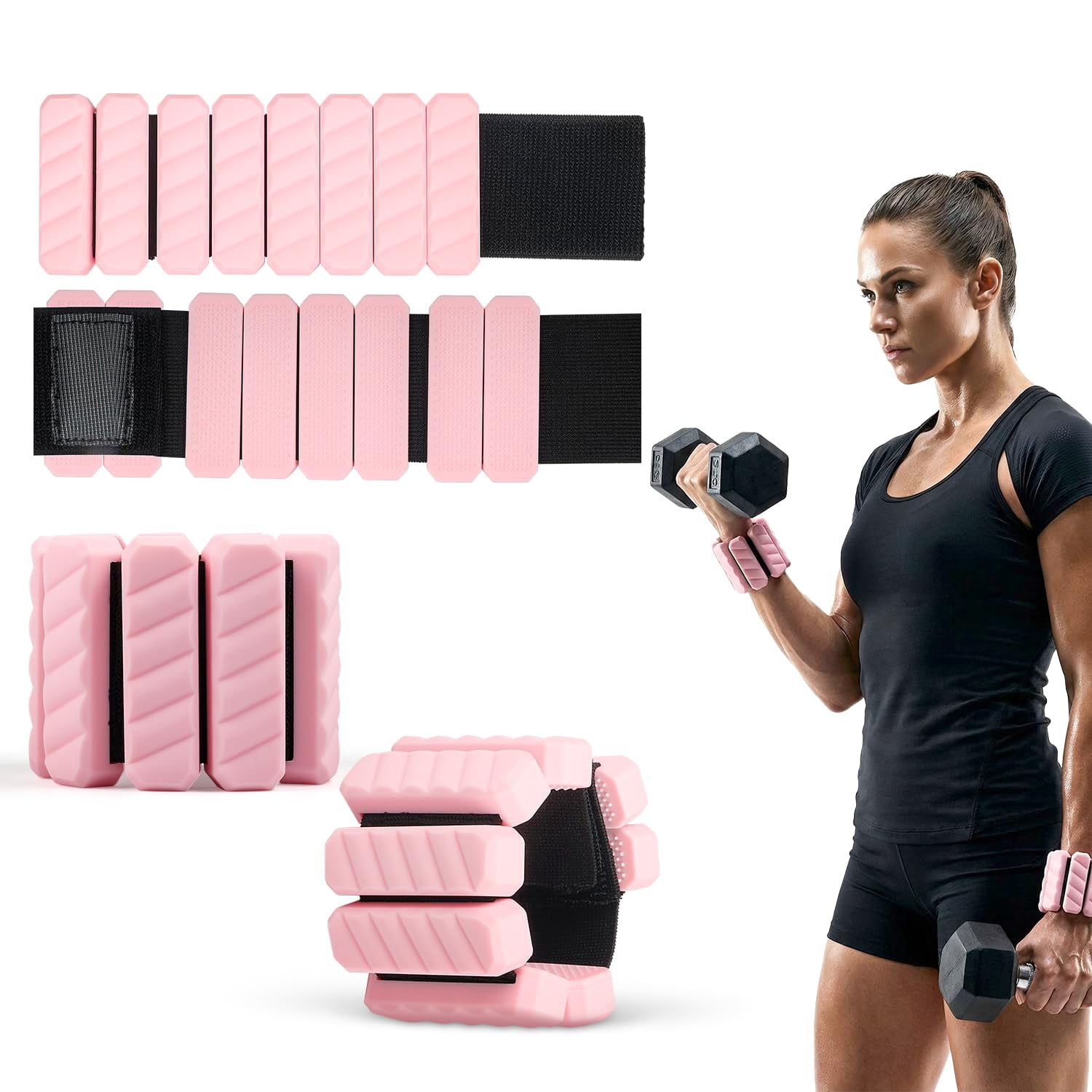 Wrist & Ankle Weights  1 lb Total (2×0.5 lb), Silicone-Wrapped Adjustable Wearable Weights for Toning, Walking, Pilates & Yoga - Pink