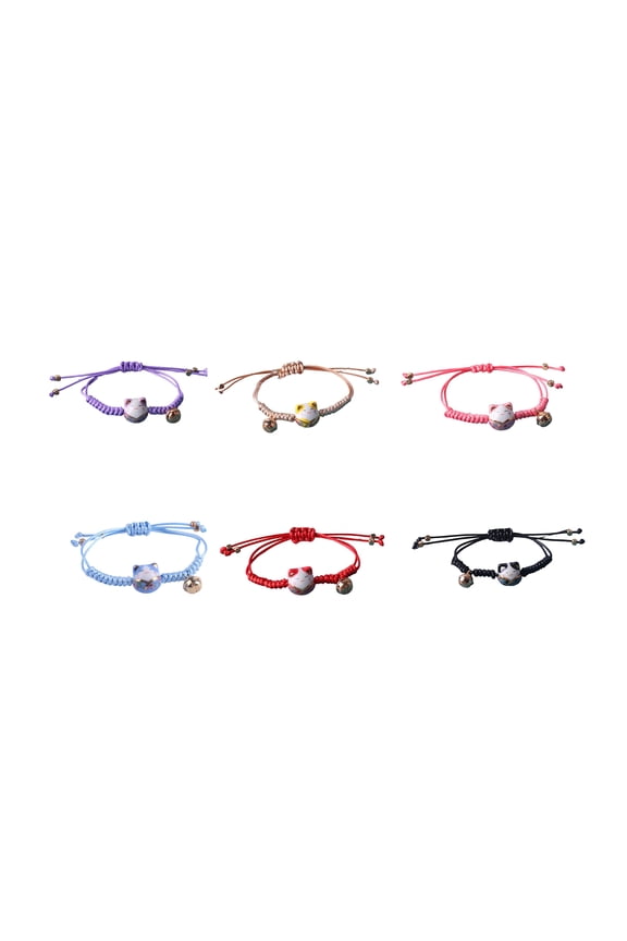 Wrist Bracelet Ceramic Cat Decor Small Bell Hand Made Adjustable Ornamental Decorate Temperament Braided Rope Charms String Bracelet Valentine's Day Life,Purple
