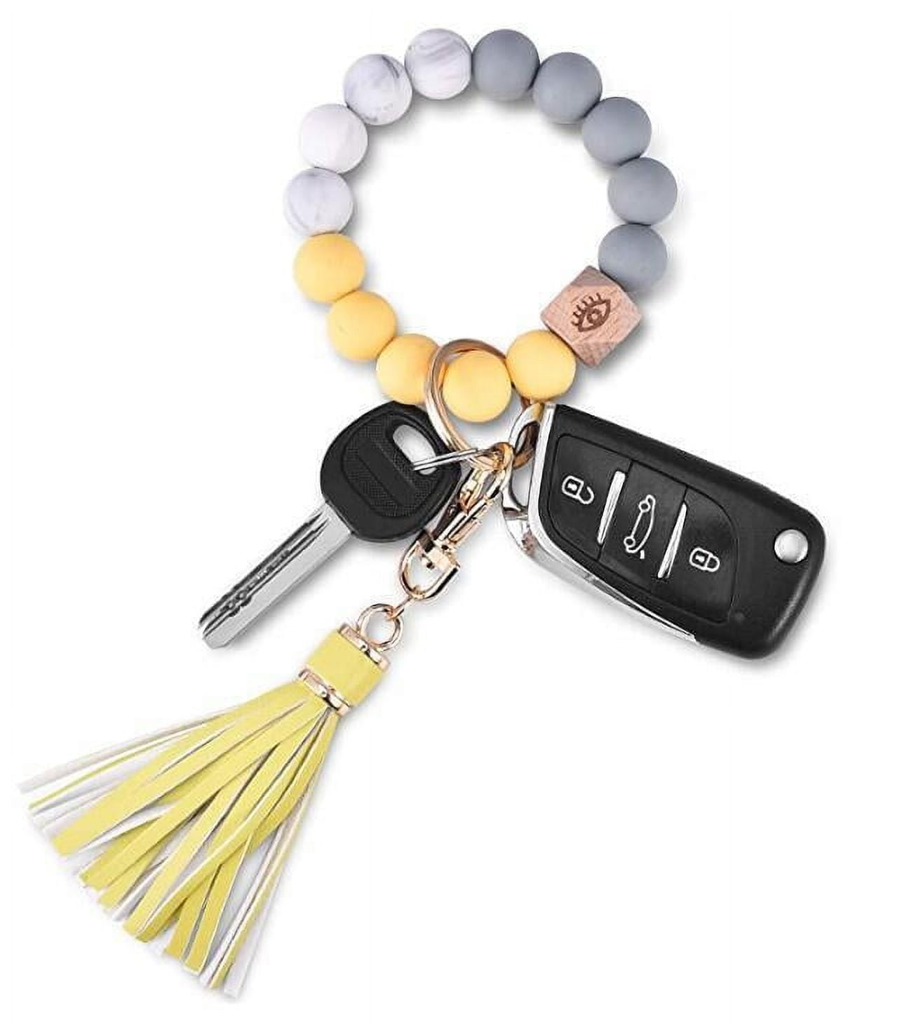 Womens Silicone Wristlet Keychain with Wood Beads Bracelet Key Ring for Handbags Car Decoration and Girls Women Pendant